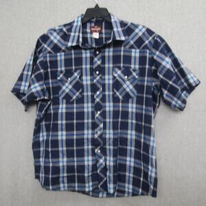 Wrangler Mens Blue Plaid Shirt Size XXL 18/18.5 Short Sleeve Snap Pocket Weaster